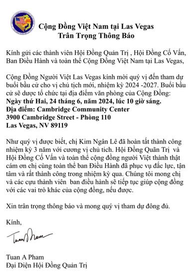 Thông báo về bầu cử Chủ tịch cộng đồng 2024–2027